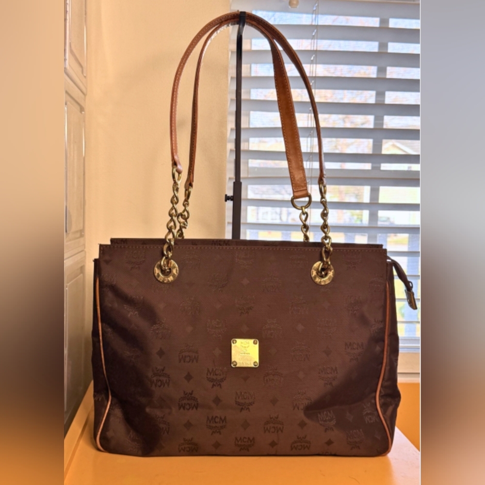 MCM Vintage Large Visetos Monogram Chain Tote Bag – Brown Nylon & Gold Hardware